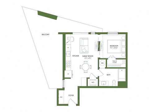 A floor plan of a house with a balcony, foyer, and a bathroom.